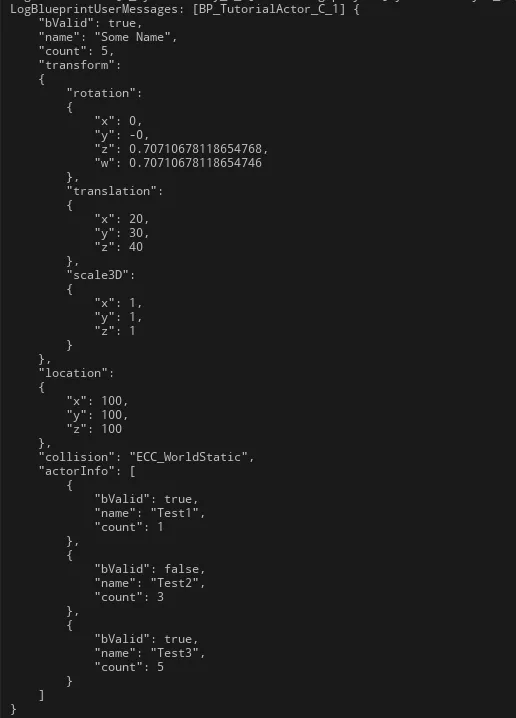 The node outputs a formatted JSON object