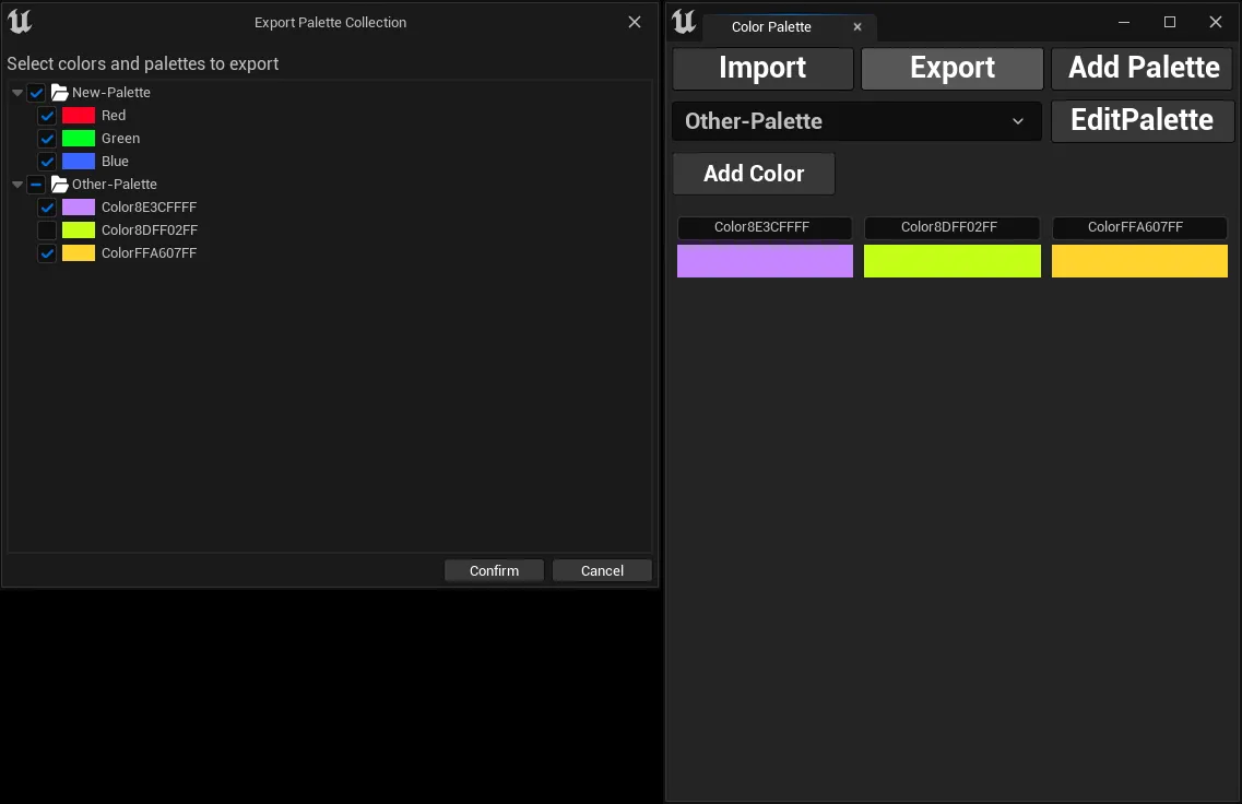 Exporting palettes with selected colors